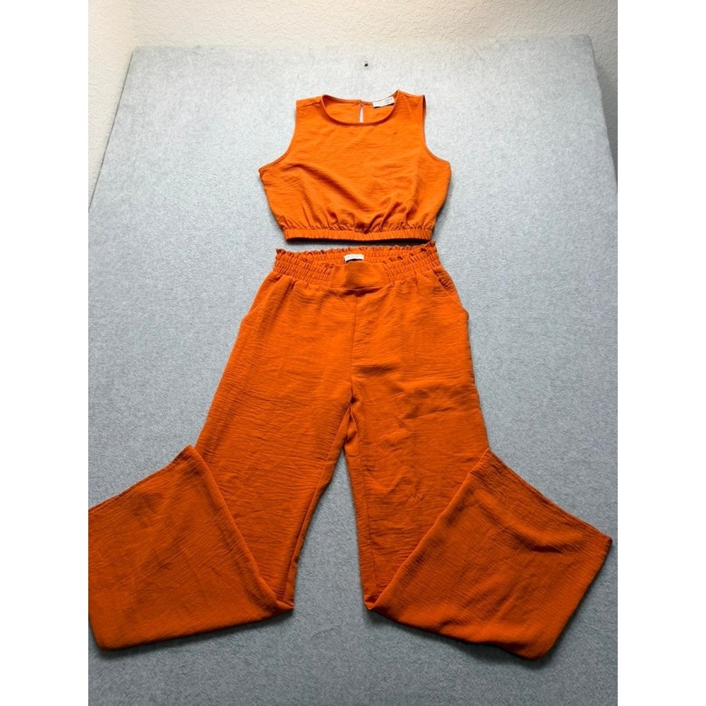 Paper Crane Orange 2 Piece Set Crop Top Wide Leg Pants C91255AT Medium
